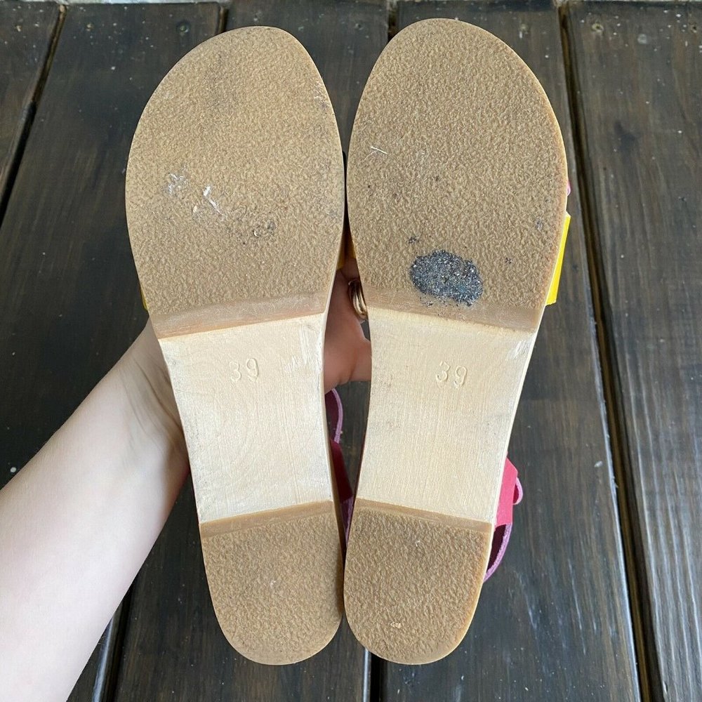 Swedish Hasbeens Toffel Multi Leather Wooden Heel Clog Sandals Size EU 39 US 8.5 - Picture 7 of 12